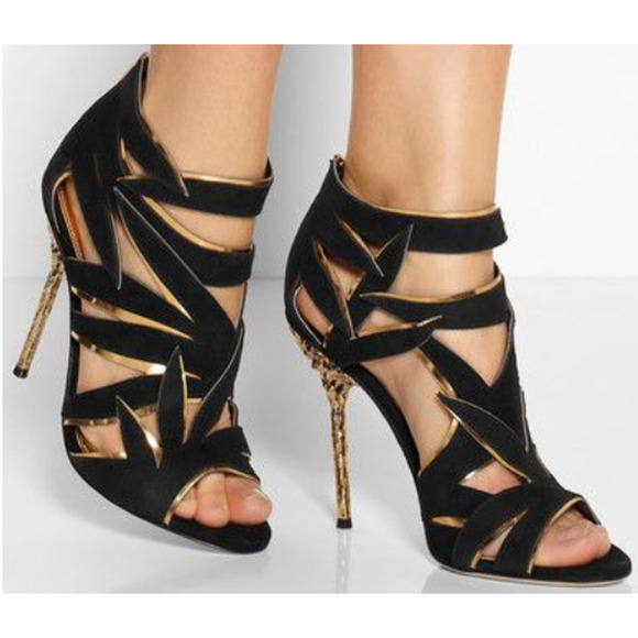 Sergio Rossi Ramage Suede Sculptural Heel Gladiator Booties Black / Gold EU 40 - Picture 1 of 7